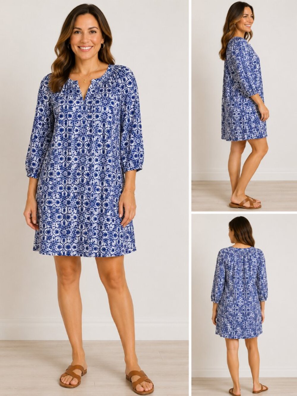 Tyler Boe Blue & White Patterned Shift Dress Size Small Lightweight Summer Midi